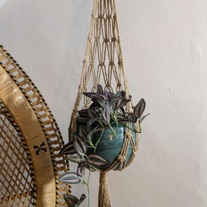 Peut inclure: Un porte-plante en macramé avec un pot bleu sarcelle et une plante retombante aux feuilles violettes et vertes. Le porte-plante est fait de corde de jute naturelle et a un anneau en bois en haut.