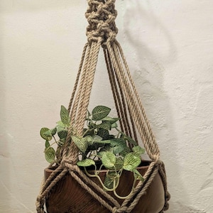 May include: A hanging macrame plant holder with a wooden bowl containing a green plant with white veins. The macrame is made of tan rope and is suspended from a knotted top.