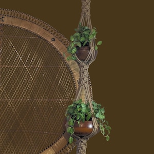 May include: A double macrame plant hanger with two brown pots holding green plants. The hanger is suspended from a wooden hook. A wicker chair is in the background.