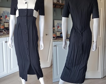 Vintage 80er Jahre Größe 5/6 Schwarz Weiß Minimalist Colorblock Büro Midi Kleid