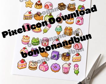 Süßes Pixel Art Sticker Blatt Download, Kawaii Food Snacks Junk Journal Printable