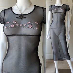 Dawn Joy Vintage 90s Sheer Black Maxi Dress with Floral Embroidery