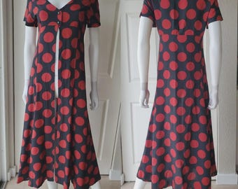 Vintage Schwarz & Rot Tupfen Offen Vorne Kurzarm Maxi Kleid Gr. S