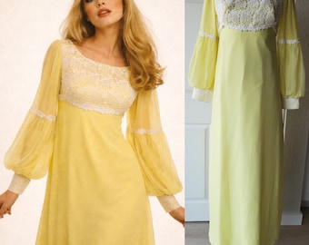 Vintage 70er Gelbes Langarm Maxi Kleid