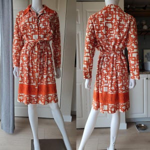 Vintage 70s Orange White Print Midi Long Sleeve Shirt Dress