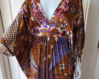 Vintage 70er Bunt gemustertes Kaftan Maxi Kleid
