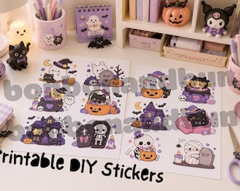 Niedlicher Halloween Digital Sticker Sheet Download, Junk Journal Printable