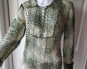 Eis Größe Kleine Vintage Y2k 100% Seide Langarm Grün Muster Bluse Shirt