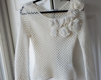Ricowa Vintage Y2k Ivory Weiß Angora Strick Langarm Top