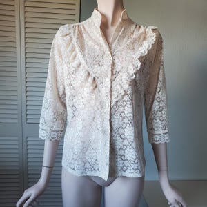 Vintage 70s Ivory White Sheer Lace Blouse Cottage Prairie