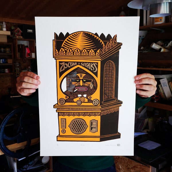 Zoltar Orange - large limited edition linocut inspired by the vintage 'Zoltar' fortune telling arcade machine + free linocut Zoltar ticket