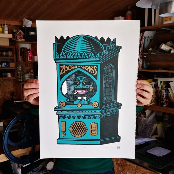 Zoltar - large limited edition linocut inspired by the vintage 'Zoltar' fortune telling arcade machine plus a free linocut  Zoltar ticket