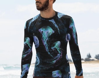 Herren Rash Guard Surf Top UPF 50 - UV-Schwimmshirt mit Quallen-Print - Langarm-Sonnenschutz-Badebekleidung