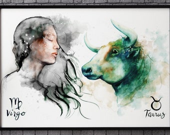 Virgo Taurus Zodiac watercolour painting star sign Giclée print horoscope Astrology gift idea personalised hand painted canvas artwork