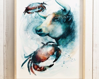 Taurus and Cancer Compatibility Print, Astrology Couple Gift, Personalised Zodiac Artwork, Star Sign Birthday Gift, Watercolour Wall Art