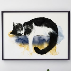 Black and white cat sleeping Giclée print watercolour painting pet portrait cat lover poster wall art gift ideas home decor Leona Beth Art