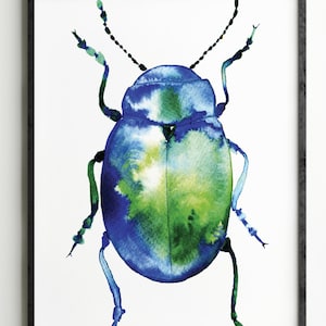 Beetle watercolour painting Giclée Print irredesent poster Wall Art gift Bug Insect boho interior decor Any size Leona beth Art unique gift