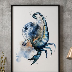 Scorpio Zodiac painting Giclée print scorpion watercolour Wall Art wedding star sign astrology personalised couples gift canvas or paper