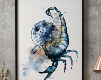 Skorpionen stjärnteckenmålning gicléetryck skorpion akvarell väggkonst bröllop stjärntecken astrologi personlig parpresent kanvas eller papper