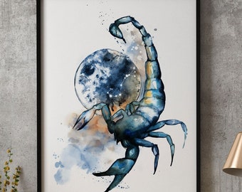 Schorpioen Zodiac schilderij Giclée print schorpioen aquarel Wall Art bruiloft sterrenbeeld astrologie gepersonaliseerde paren cadeau canvas of papier