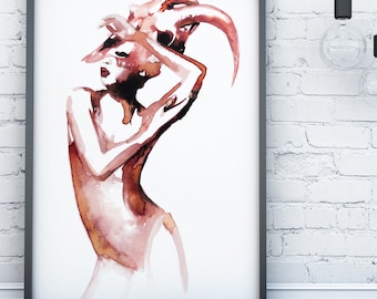 Impresión artística del zodiaco Capricornio / Arte mural de calavera de cabra en acuarela / Impresión giclée de astrología / Ilustración de moda gótica / Regalo de Capricornio