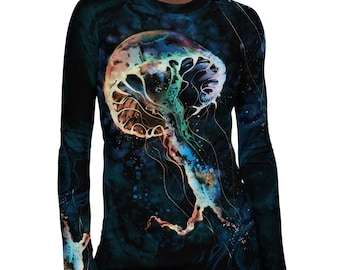 Women’s Rash Guard Surf Top UPF 50 – Jellyfish Print Swim Shirt – Long Sleeve UV Protection Swimwear