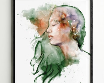 May include: A black framed watercolor painting of a woman with long green hair. The woman is looking down and her eyes are closed. The background is a light green and orange watercolor wash.