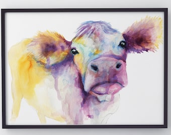 Baby Cow acquerello pittura vitello toro colorato arte stampa asilo nido decorazione animale amante Giclée stampa fattoria arredamento poster Leona Beth Art