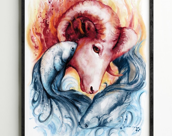 Aries and Pisces Zodiac painting Giclée print friendship watercolour Art canvas wedding starsign astrology personalised gift ram fish