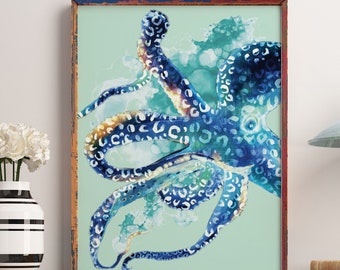 Octopus watercolour Painting wall art ocean nautical coastal decor fish sealife ink watercolor Giclée print Canvas boho seaside surf gift