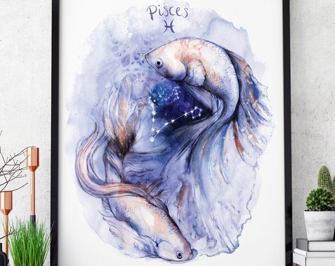 PISCES Zodiac gift Giclée print Personalised fish Starsign watercolour wall art illustration painting coastal decor galaxy cosmic astrology