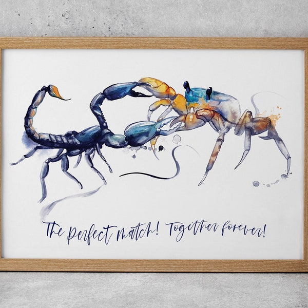 Scorpio Cancer Zodiac watercolour painting scorpion crab starsign nautical Giclee print Canvas Astrology wedding Personalised couples gift