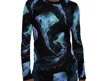 Rash Guard-surftop dames (UPF 50) – Jellyfish Watercolor-zwemshirt – UV-beschermende badkleding met lange mouwen
