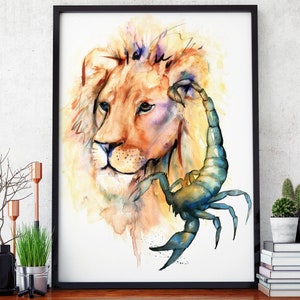 Scorpio Leo Zodiac painting scorpion Lion starsign watercolour print Astrology poster wedding couples wedding gift personalised wall art