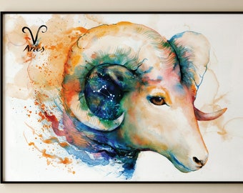 Aries Zodiac watercolour painting starsign Ram sheep Giclee print Canvas animal lover wedding birthday gift personalised calligraphy