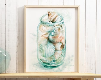 Watercolour shell painting beach coastal decor jar of shells ocean nautical Giclée Print seaside beach hut fine art picture Leona Beth Art