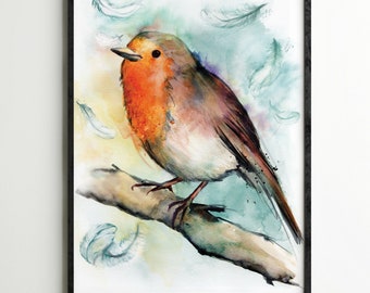 Robin watercolour painting feathers branch Giclée print bird wildlife gift hand painted leona beth art Poster picture christmas watercolors