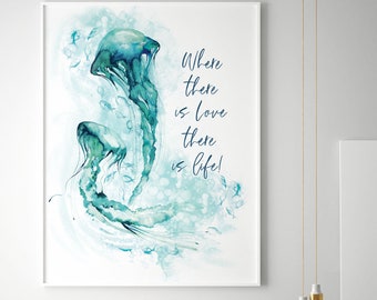 Personalised jellyfish print custom name ocean nursery decor coastal wall art baby name print couples gift unique wall art