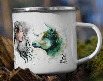 Virgo Taurus Enamel Mug Zodiac watercolour painting star sign horoscope Astrology couples unique cup camping travel Valentines gift idea