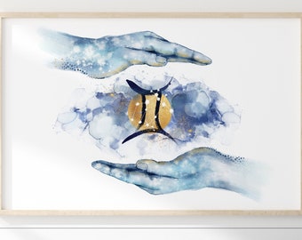 Gemini watercolour painting hand twins Personalised star sign Zodiac Art Astrology Giclée print astrology birthday Personalised wedding gift