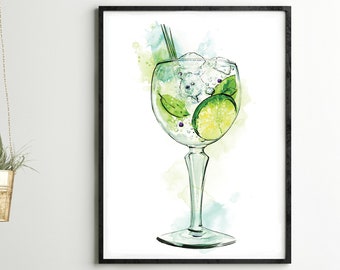Giclée print Gin cocktail watercolour painting illustration Home Bar pub retro nightclub interior design drinks wall art