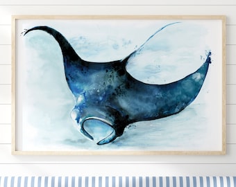 Manta Ray watercolour Painting wall art ocean nautical poster coastal decor Giclée print Canvas beach surf seaside diver swimmer gift