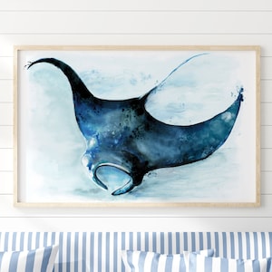 Manta Ray watercolour Painting wall art ocean nautical poster coastal decor Giclée print Canvas beach surf seaside diver swimmer gift