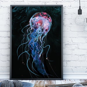 Jellyfish Watercolour Painting Giclée Print coastal decor rainbow psychedelic wall art sea ocean nautical swimmer diver surfer gift