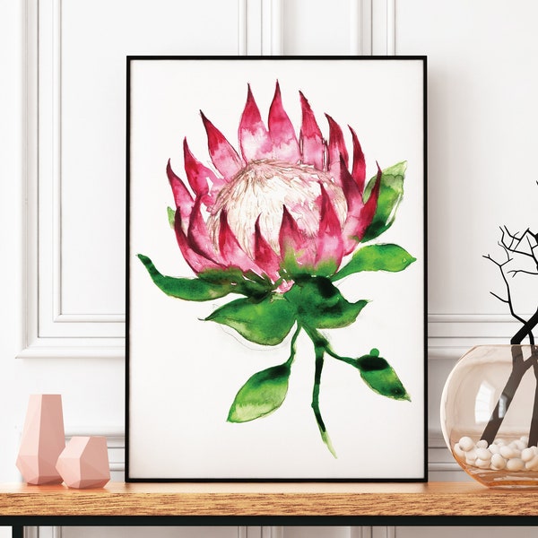 King Protea watercolour painting Giclée print Boho wildflower illustration wall art decor floral flowers pretty gift poster Leona Beth Art