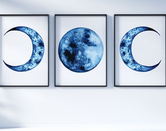 Blue Moon set watercolour art Hand painted celestial poster tryptic Eid Ramadan gift Trending Now decor Giclée print Canvas Pagan Wedding