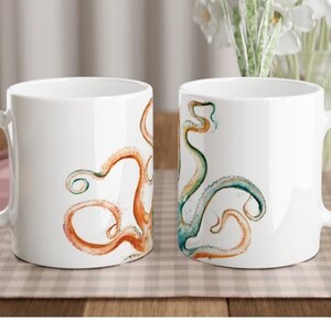 Octopus Mug 11oz ceramic coffee cup tentacles squid gift watercolour art nautical home house warming coastal decor Leona beth art