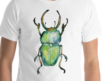 Short-Sleeve Unisex White T-Shirt Stag Beetle DTG Watercolour painting bug art insect illustration beach t-shirt Art Unique clothing