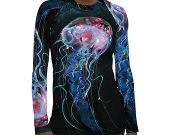 Psychedelic Jellyfish Rash Guard – Premium surftop dames – UV-beschermende badmode – Handgeschilderde Ocean Art Rash Guard