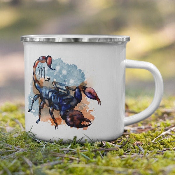 Scorpio Enamel Mug Cup scorpion Watercolour painting star sign Gift camping unique birthday Fathers day ASTROLOGY horoscope Leona Beth